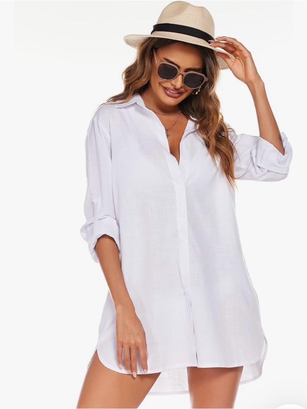 BELLAMBRA SIZE XL~WOMENS LINEN SHIRT WHITE BUTTON UP SHIRT DRESS COLLAR BLOUSE